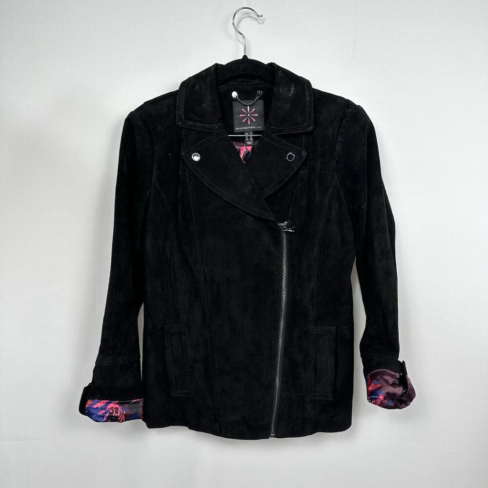 Isaac Mizrahi Live Women Suede Leather Biker Floral Jacket Sz 2 Black Zipper